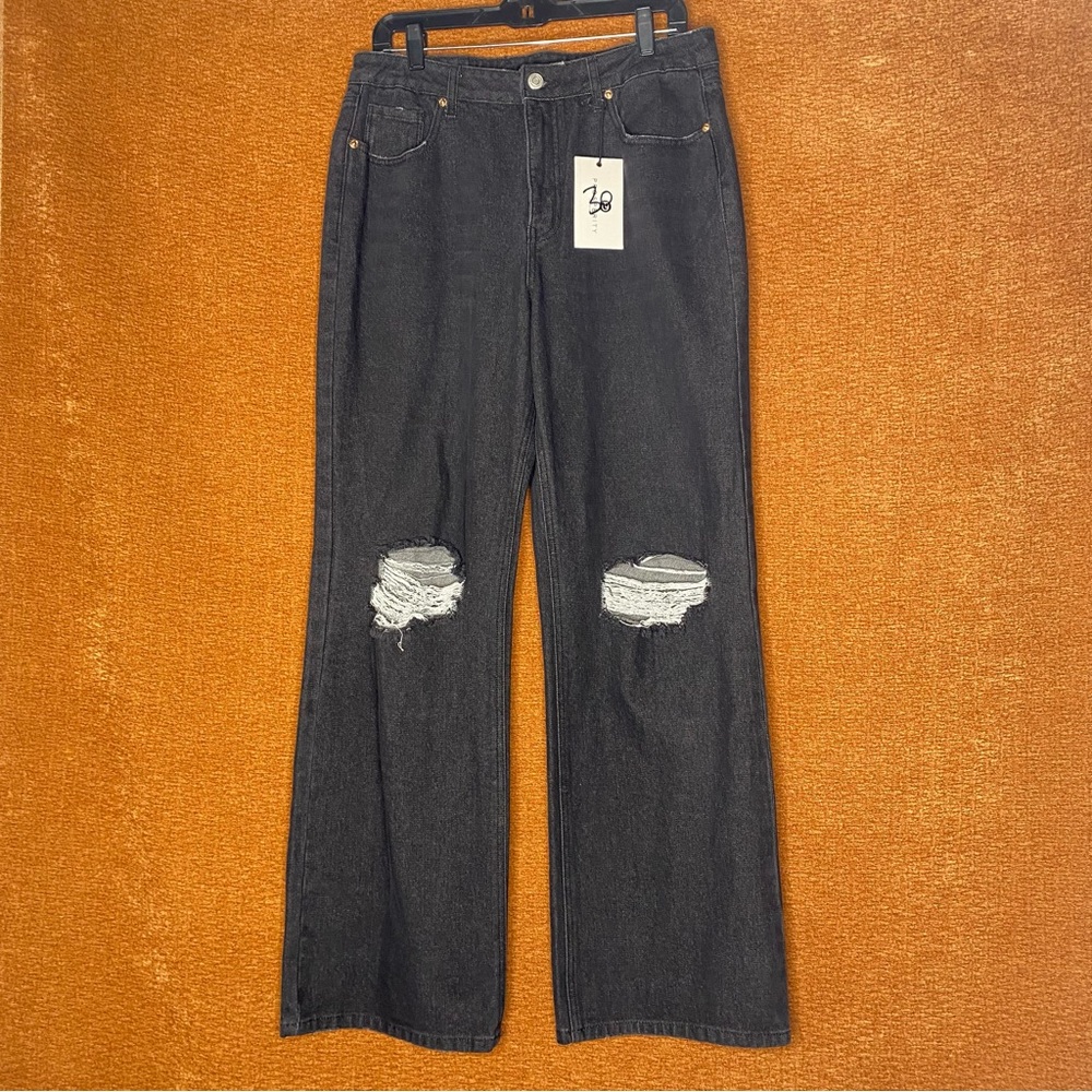 NWT Prosperity Denim Black Distressed Cotton Straight Leg Jeans, Size 30.